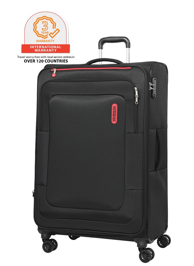 AMERICAN TOURISTER Duncan+ Suitcase, Check-In Size 83 cm, 4 Spinner Wheels, Soft Top, 100% Polyester, Black|Lightweight|Water Resistant Material|TSA Lock|Front Storage Compartment|Expandable - 3 Years International Warranty - Image 1