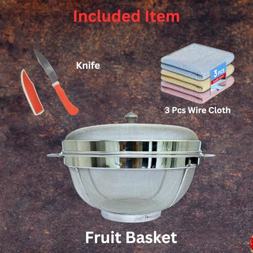 ASHMEN SS Fruit Storage Basket with Lid & Handles | 10 Inch Premium Mesh Basket | Fruit Basket With Lid | Fruit Basket for Dining Table | 3 Wire Dishwashing Rags for Wet and Dry Cleaning & 1 Knife - Image 4