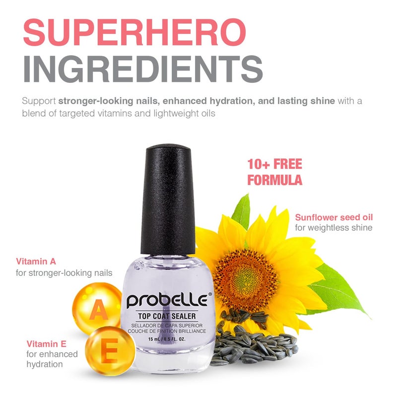 Probelle Top Coat Sealer, Quick Dry Nail Polish Top Coat, High Shine Glossy Nail Finish, Instantly Forms Clear Barrier For Enamel Protection, Fast Dry Manicure, Long Lasting Results, 0.5 fl oz/ 15 mL - Image 2