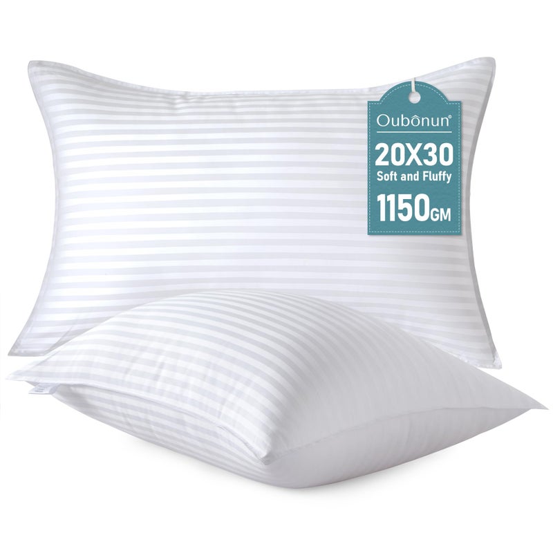 Oubonun Queen Size Pillows Set of 2 Fluffy Supportive Down Alternative Pillows with Zippered Cotton Cover Breathable and Cool for All Sleeping Positions Machine Washable 20x30