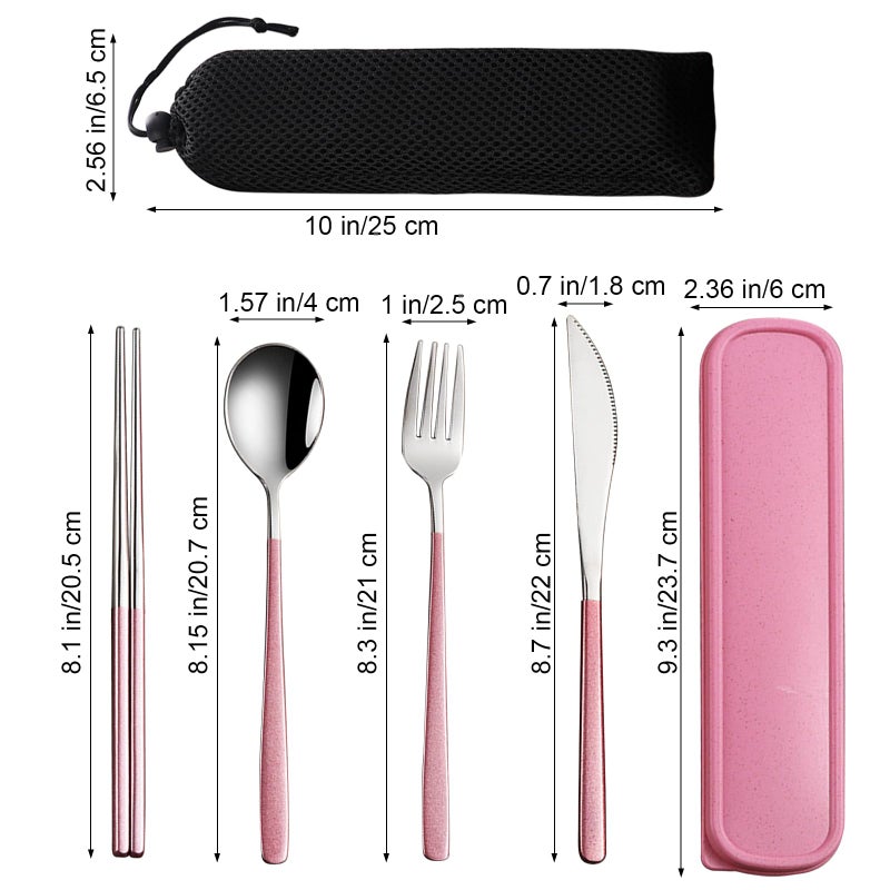 VANRA 4-Piece Portable Travel Utensils Set with Case 18/8 Stainless Steel Flatware Set Reusable Cutlery Set with Fork Spoon Knife Chopstick for Lunch Travel Camping School Work Picnic (Pink) - Image 2
