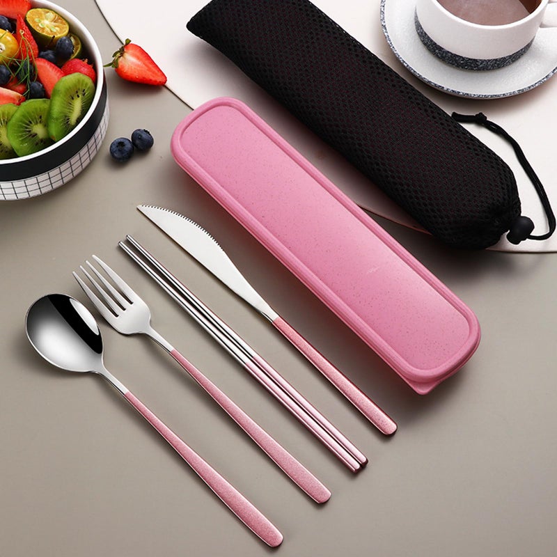 VANRA 4-Piece Portable Travel Utensils Set with Case 18/8 Stainless Steel Flatware Set Reusable Cutlery Set with Fork Spoon Knife Chopstick for Lunch Travel Camping School Work Picnic (Pink) - Image 3