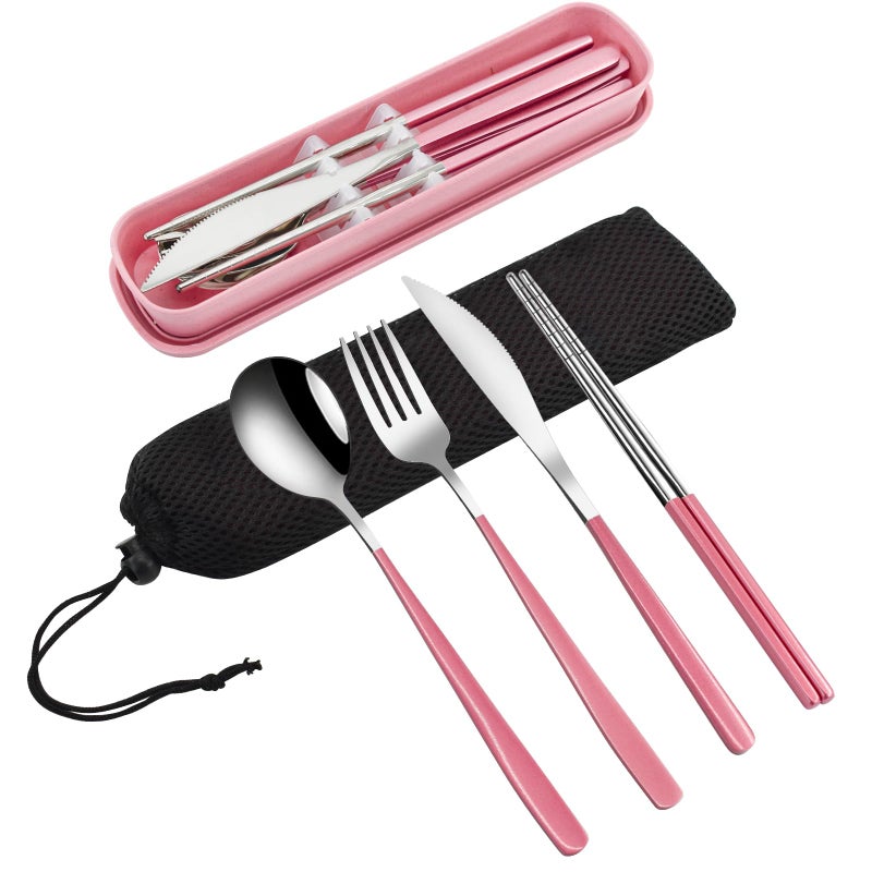 VANRA 4-Piece Portable Travel Utensils Set with Case 18/8 Stainless Steel Flatware Set Reusable Cutlery Set with Fork Spoon Knife Chopstick for Lunch Travel Camping School Work Picnic (Pink) - Image 1