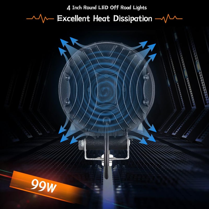 SAN YOUNG LED Work Light Pods for Trucks, 4.5 Inch 10V-30V 99W Round Flood Spot Off Road Driving Light - 4 Pack - Image 4