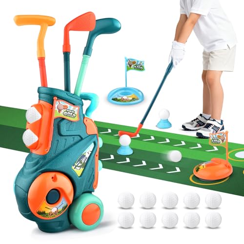 CAPTAIN CHAOWING Toddler Golf Set with Putting Mat Upgraded Kids Golf Cart with Shoulder Strap Toddler Glove Plastic Clubs 10 Balls Indoor Outdoor Sports Toys Birthday Gift for Boys Girls Aged 3 4 5 Years Old - Image 1