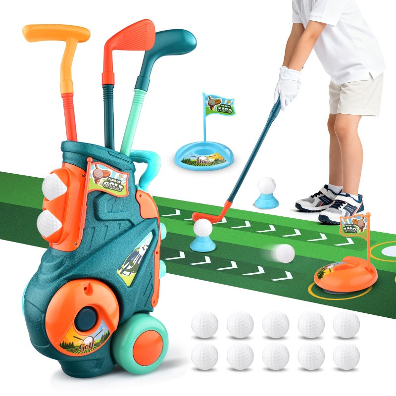 CAPTAIN CHAOWING Toddler Golf Set with Putting Mat Upgraded Kids Golf Cart with Shoulder Strap Toddler Glove Plastic Clubs 10 Balls Indoor Outdoor Sports Toys Birthday Gift for Boys Girls Aged 3 4 5 Years Old - Image 3