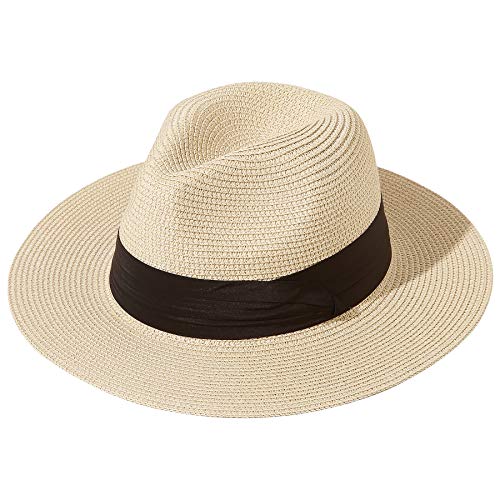JOYEBUY Womens UPF50 Foldable Summer Straw Hat Wide Brim Fedora Sun Beach hat (Khaki) - Image 1