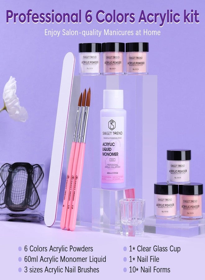 SWEET TREND Acrylic Nail Kit for Beginners: 6 Colors Acrylic Powder and Liquid Starter Set - White Nude lotus Light Pink Brown Professional Kit with Acrylic Nail Brushes Files Forms for Home DIY Practice - Image 2