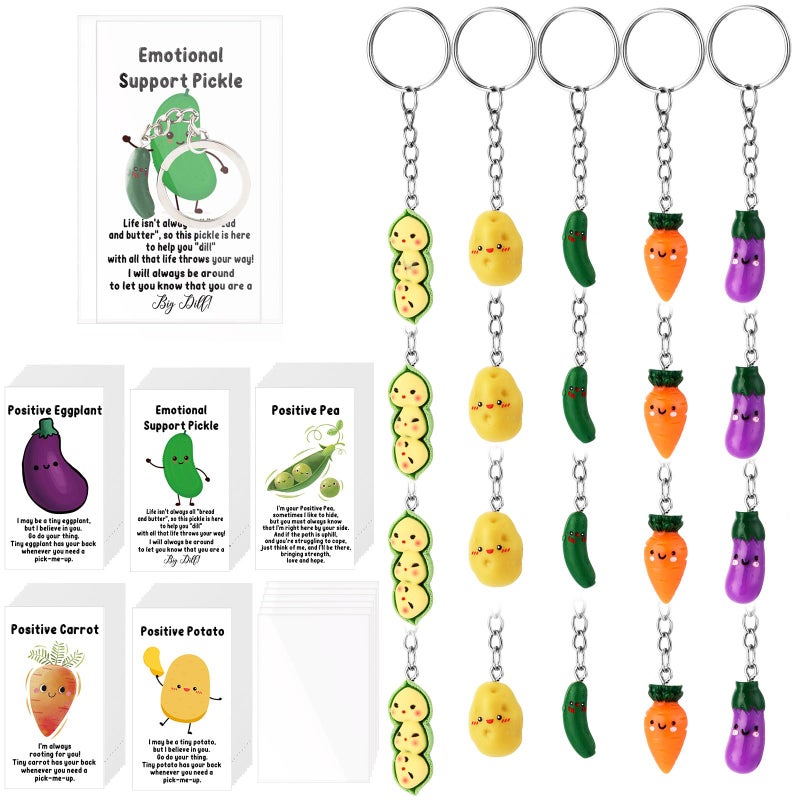 Ecation 20 Set Emotional Encouraging Support Pickle Keychain Employee Appreciation Day Positive Vegetable Keyring Affirmation Card - Image 1