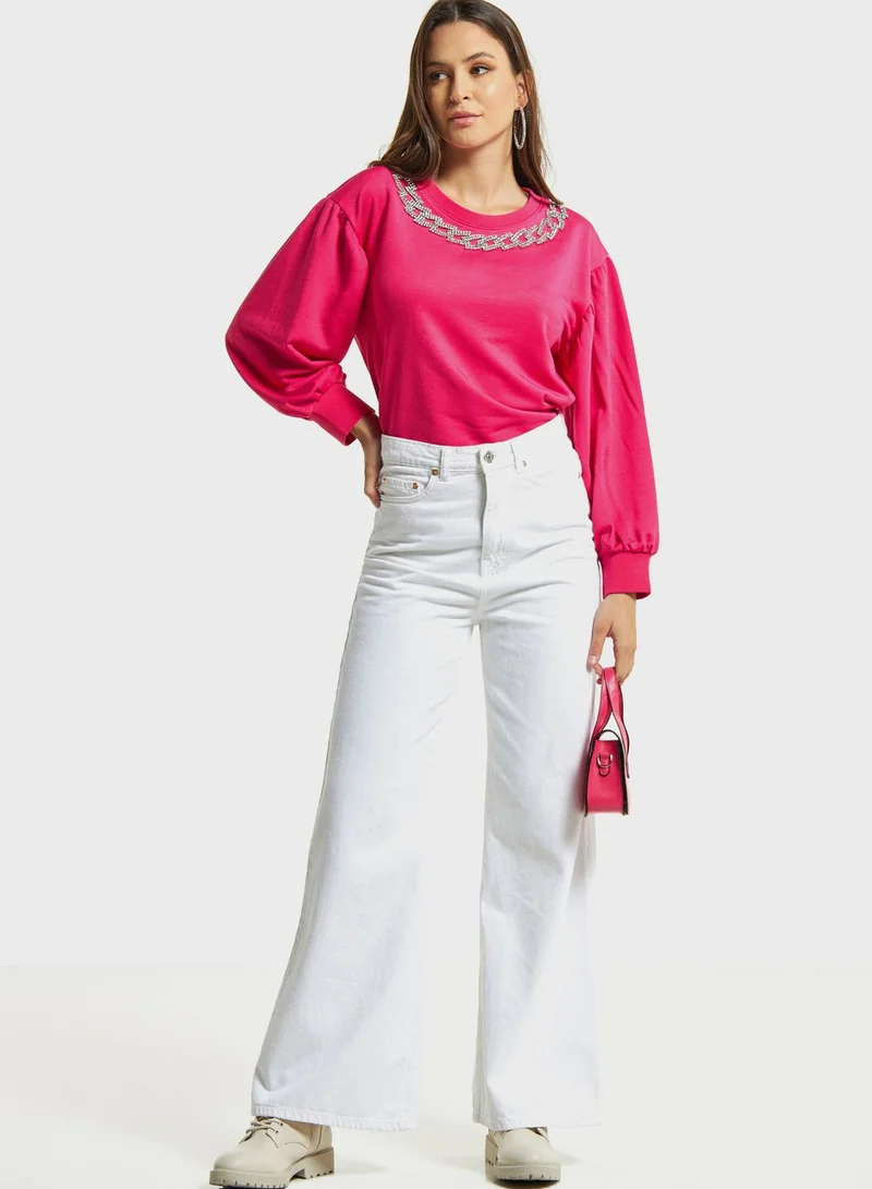Iconic Embellished Puff Sleeve Crew Neck Sweatshirt