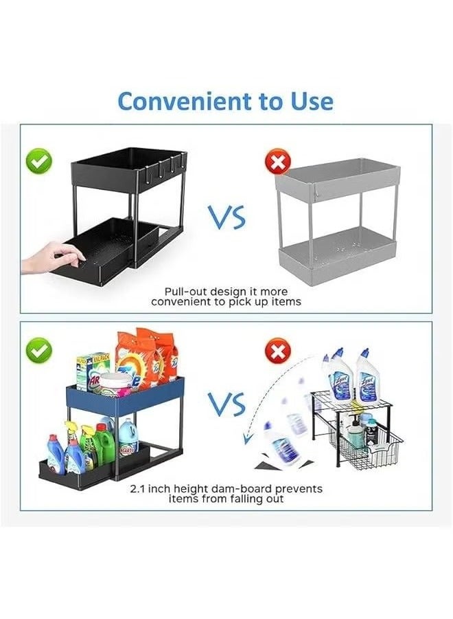Under Sliding Cabinet Basket Organizer, 2 Tier Under Sink Organizers with 1 Hanging Cup & 4 hooks, Multi-purpose Storage Pull Out Sliding Drawer, Storage Under Cabinet for Kitchen, Bathroom - Image 3