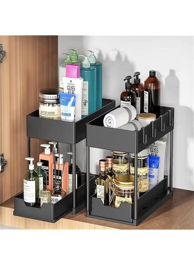 Under Sliding Cabinet Basket Organizer, 2 Tier Under Sink Organizers with 1 Hanging Cup & 4 hooks, Multi-purpose Storage Pull Out Sliding Drawer, Storage Under Cabinet for Kitchen, Bathroom - Image 4