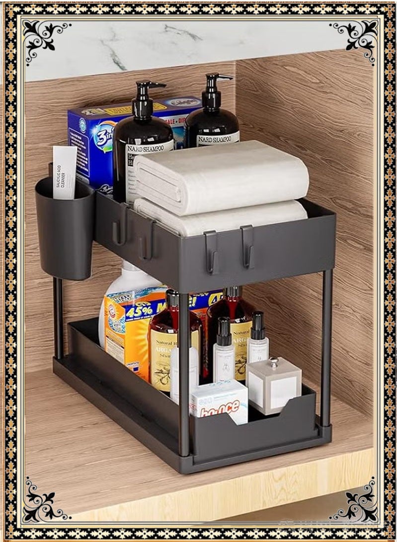 Under Sliding Cabinet Basket Organizer, 2 Tier Under Sink Organizers with 1 Hanging Cup & 4 hooks, Multi-purpose Storage Pull Out Sliding Drawer, Storage Under Cabinet for Kitchen, Bathroom - Image 1