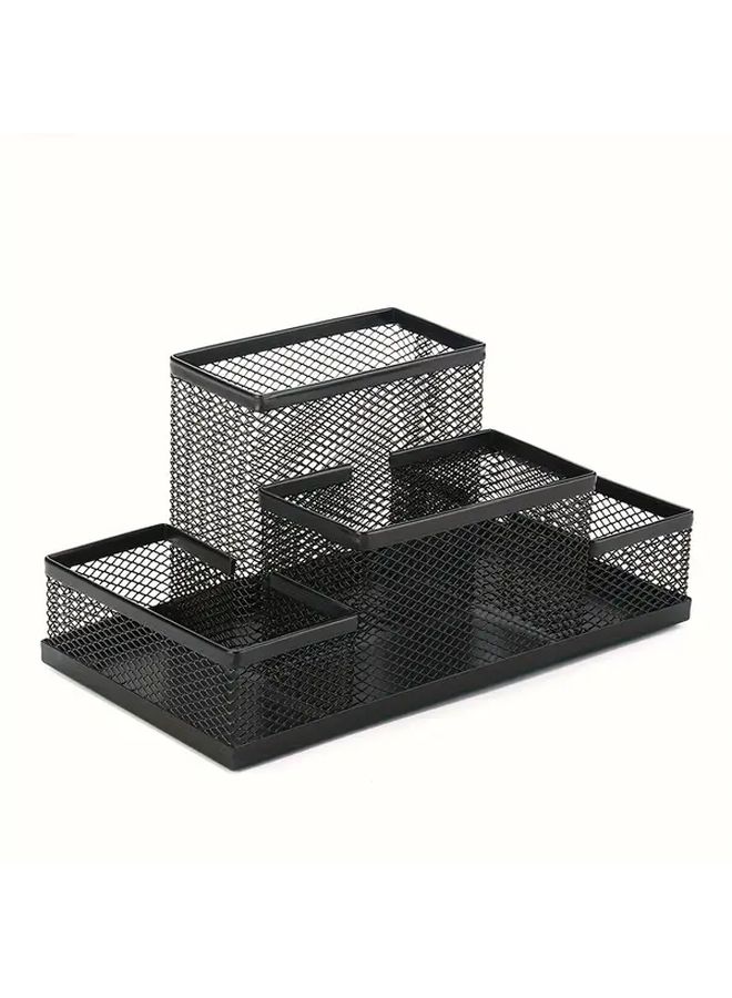 4 Compartment Metal Desktop Organizer Black Mesh Pen Holder With Non Slip Base Suitable For Office And Home Use Pencil Scissors Stationery Storage Box 11 Holiday Gift Choice - Image 1