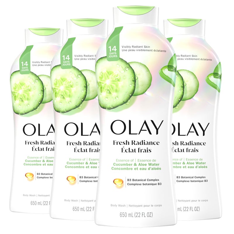 Olay Body Wash for Women, Fresh Radiance, Refreshing & Renewing, Made with Plant Based Cleansers, B3 Botanical Complex, For All Skin Types, Cucumber & Aloe Water Scent, 22 fl oz (Pack of 4) - Image 1