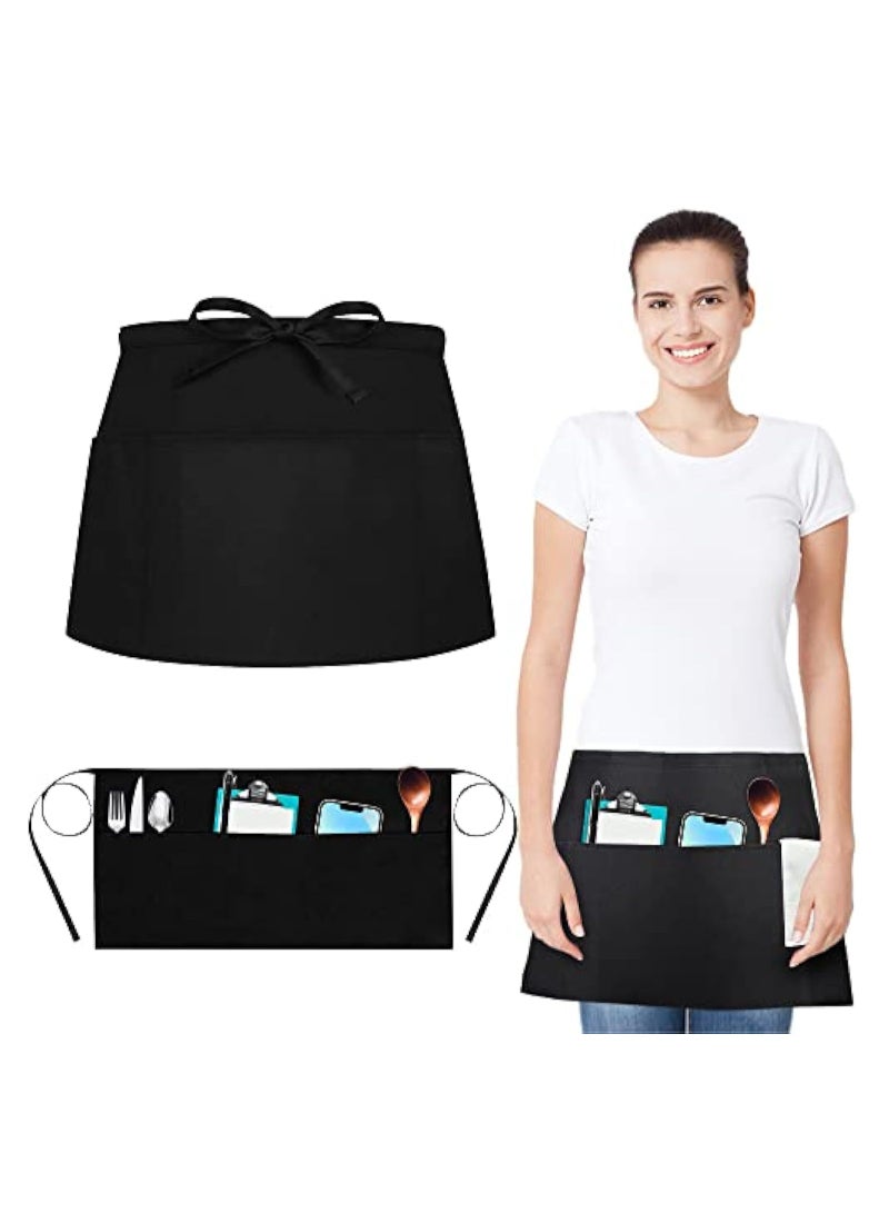 KASTWAVE 2 Pieces Waist Apron, Waiter Waitress Apron, 3 Pockets Half Apron, Unsex Gardening Black Short Aprons, Cotton Black Apron Cooking Kitchen Aprons for Men and Women Kitchen Cooking Cleaning Painting  - Image 1