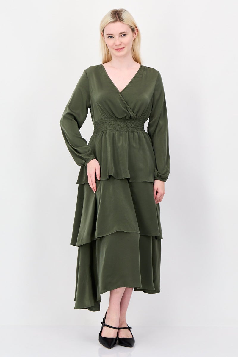 bebe Women Plain Tiered Dress, Olive - Image 1