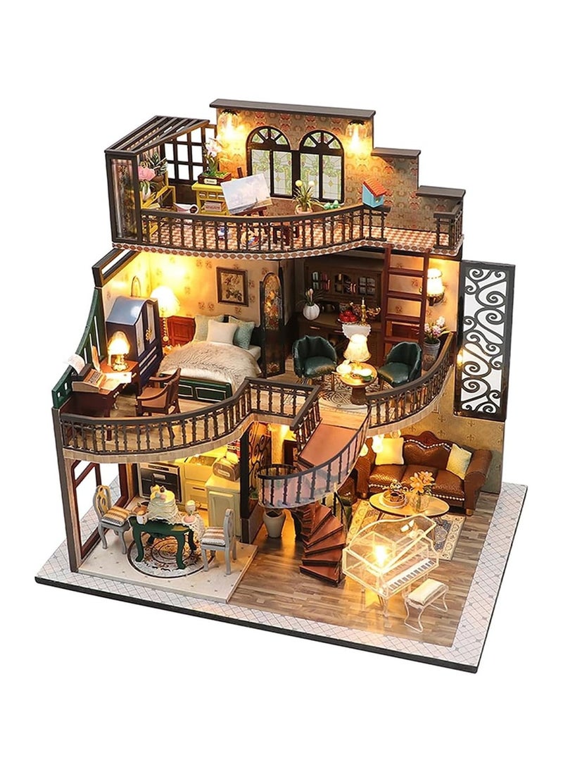 General DIY Doll House Miniature Kit with Furniture, 3D Wooden Miniature House, Vintage Deluxe 3D Model Wooden Building with LED Lights and Tools for Teenagers and Adults  - Image 1