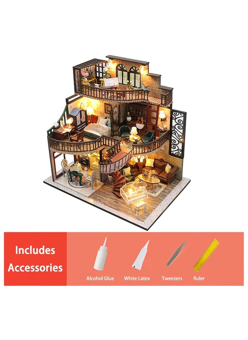 General DIY Doll House Miniature Kit with Furniture, 3D Wooden Miniature House, Vintage Deluxe 3D Model Wooden Building with LED Lights and Tools for Teenagers and Adults  - Image 3