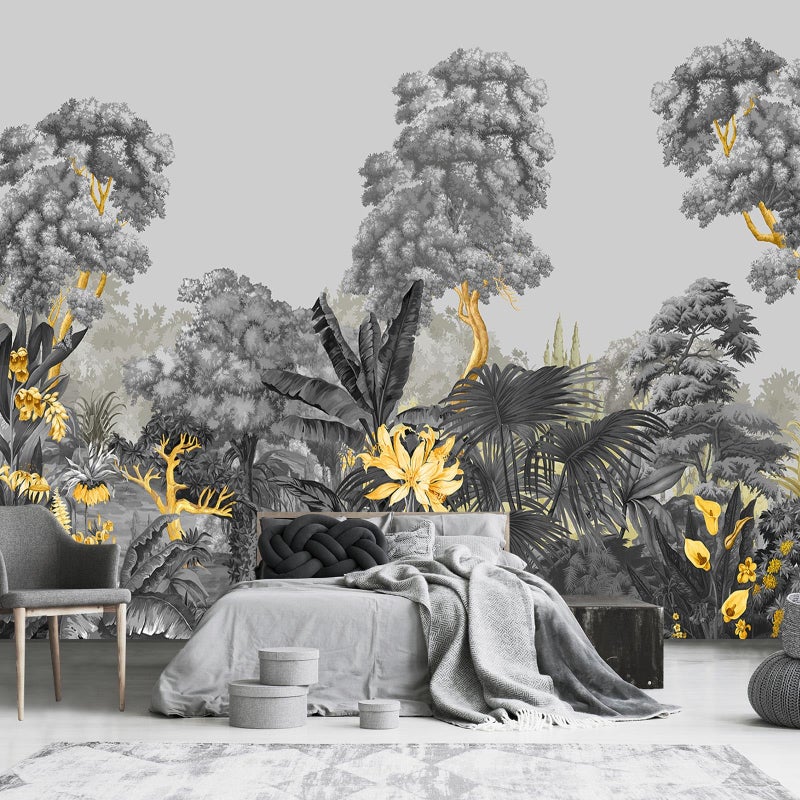 ورق جدران يوكو دي إم إكس رمادي مع تصميم زهور ذهبية لجدران غرفة المعيشة، غير قابل للتقشير أو اللصق
