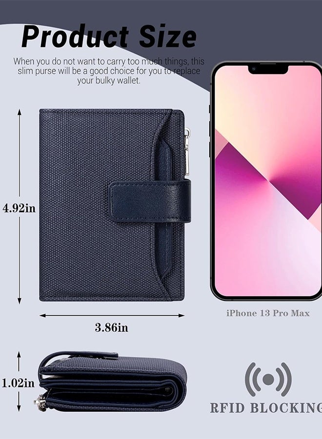 محفظة صغيرة للنساء ، محفظة النساء مع جلد PU قماش التقليد ، محفظة جيب جيب مزدوجة مع نافذة الهوية (أزرق داكن) - Image 3