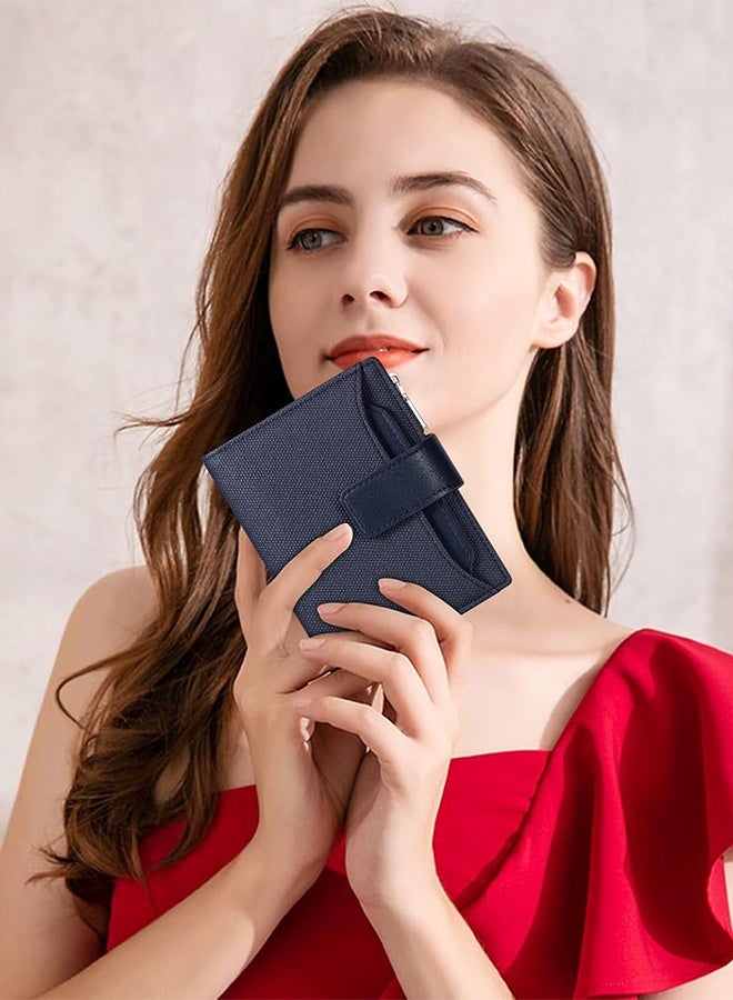 محفظة صغيرة للنساء ، محفظة النساء مع جلد PU قماش التقليد ، محفظة جيب جيب مزدوجة مع نافذة الهوية (أزرق داكن) - Image 4