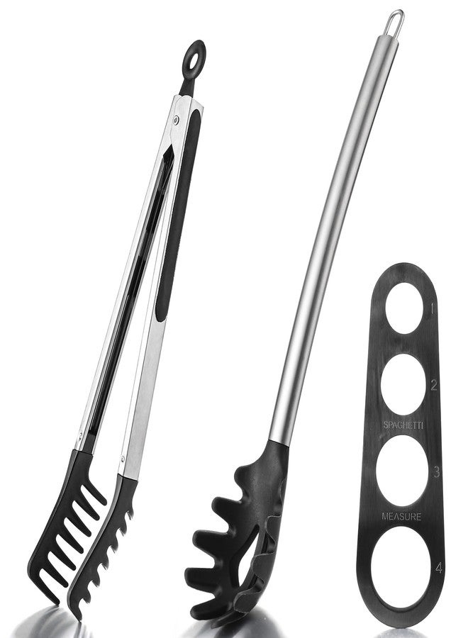 Calicage Spaghetti Spoon and Pasta Tong Set, Silicone Pasta Fork with Stainless Steel Handle and Pasta Measuring Instrument, Toothed Pasta Spoon, Pasta Cooking Tool - Image 1
