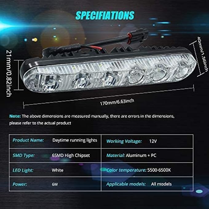 YEERON Universal Daytime Running Lights 6 Leds Drl Kit Waterproof 6000K Spot Fog Lamp Fit For Car Suv Truck Xenon White2Pack - Image 4