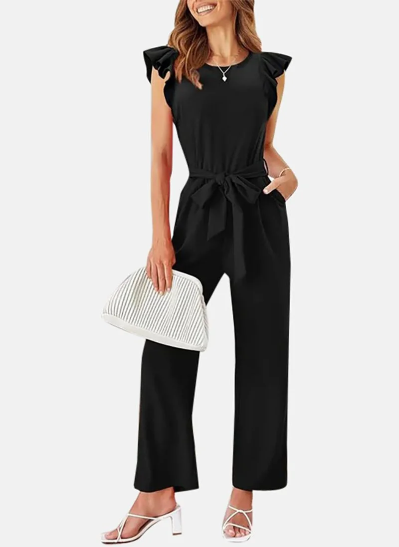 يونيكي Black Solid Relaxed Fit Round Neck Jumpsuit