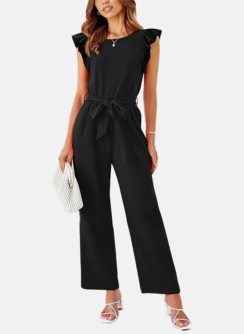 YUNIQEE Black Solid Relaxed Fit Round Neck Jumpsuit