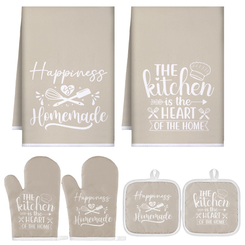 Sratte 6 Pcs Kitchen Decor Accessories Set Farmhouse Towels Pot Holders Oven Mitts Set 2 Dish Towels 2 Potholders 2 Cooking Mittens Oven Glove for Christmas Baking Cooking SupplyBeigeKitchen - Image 2