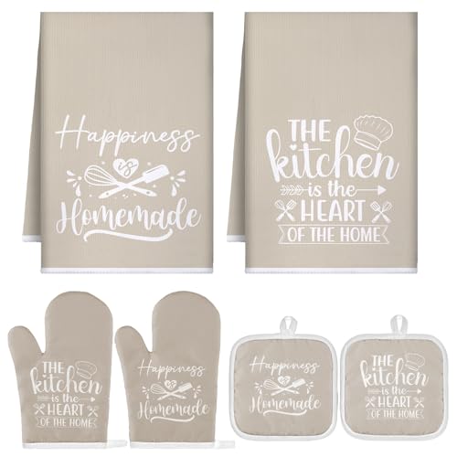 Sratte 6 Pcs Kitchen Decor Accessories Set Farmhouse Towels Pot Holders Oven Mitts Set 2 Dish Towels 2 Potholders 2 Cooking Mittens Oven Glove for Christmas Baking Cooking SupplyBeigeKitchen - Image 1