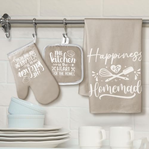 Sratte 6 Pcs Kitchen Decor Accessories Set Farmhouse Towels Pot Holders Oven Mitts Set 2 Dish Towels 2 Potholders 2 Cooking Mittens Oven Glove for Christmas Baking Cooking SupplyBeigeKitchen - Image 3