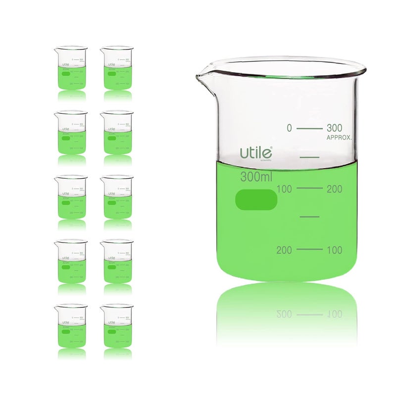 UTILE 300ml Low Form Glass Beakers, 10 Pcs Borosilicate 3.3 Glass with Printed Graduation, 4000.0300.10 - Image 1