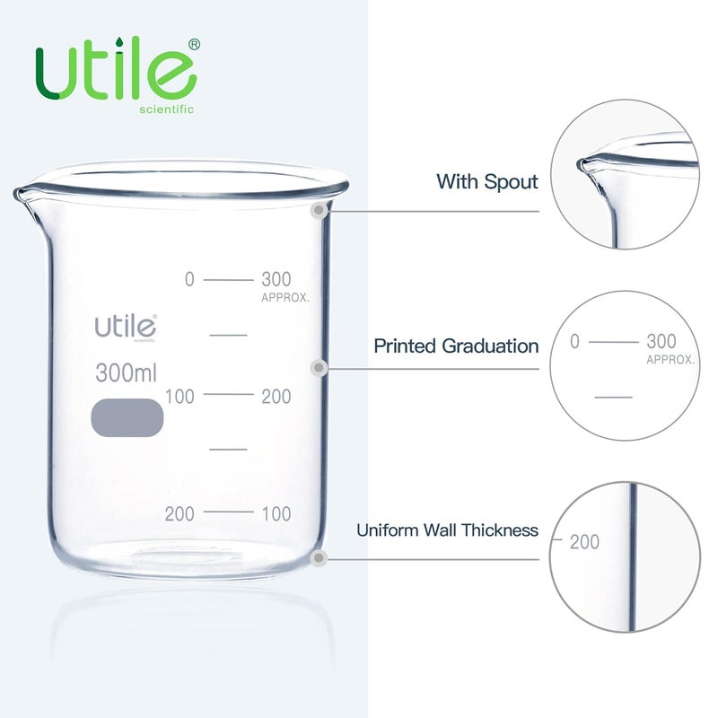 UTILE 300ml Low Form Glass Beakers, 10 Pcs Borosilicate 3.3 Glass with Printed Graduation, 4000.0300.10 - Image 3
