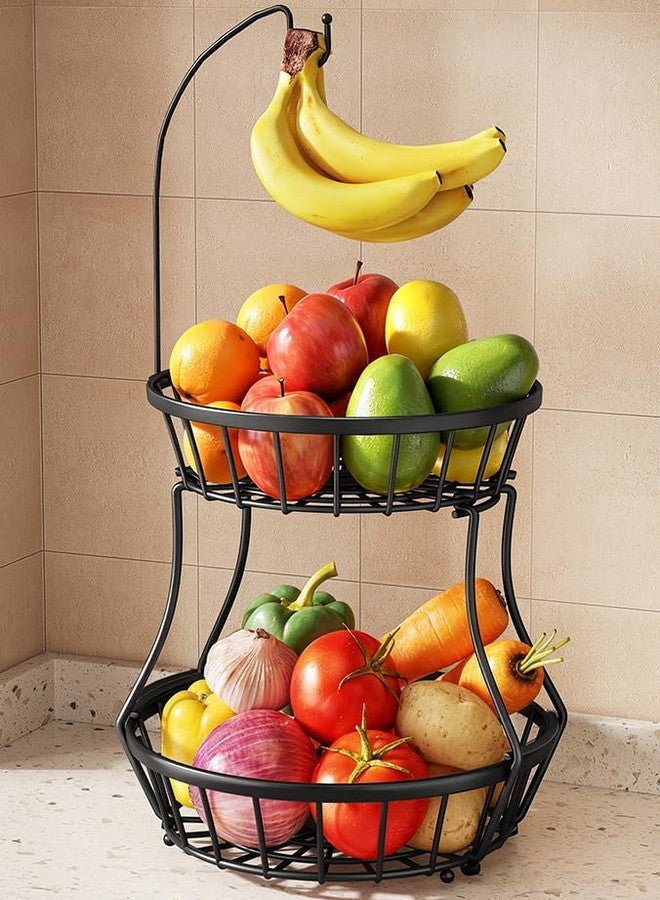 SAYZH 2-Tier Fruit Basket Bowl Stackable Vegetable Storage with Banana Tree Hanger Stand for Kitchen Countertop, Metal Wire Basket for Bread Onions Potatoes Black - Image 1