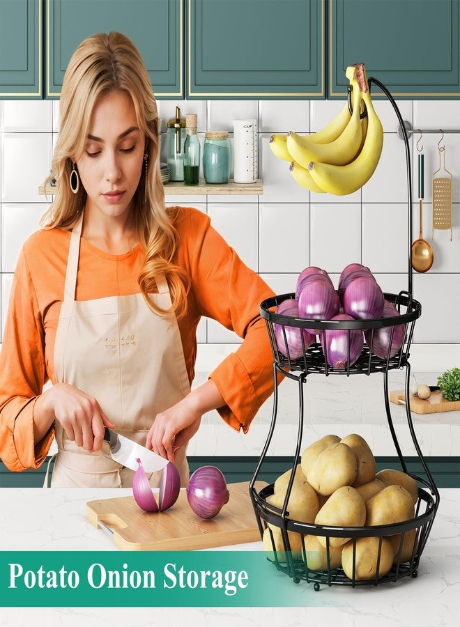 SAYZH 2-Tier Fruit Basket Bowl Stackable Vegetable Storage with Banana Tree Hanger Stand for Kitchen Countertop, Metal Wire Basket for Bread Onions Potatoes Black - Image 4