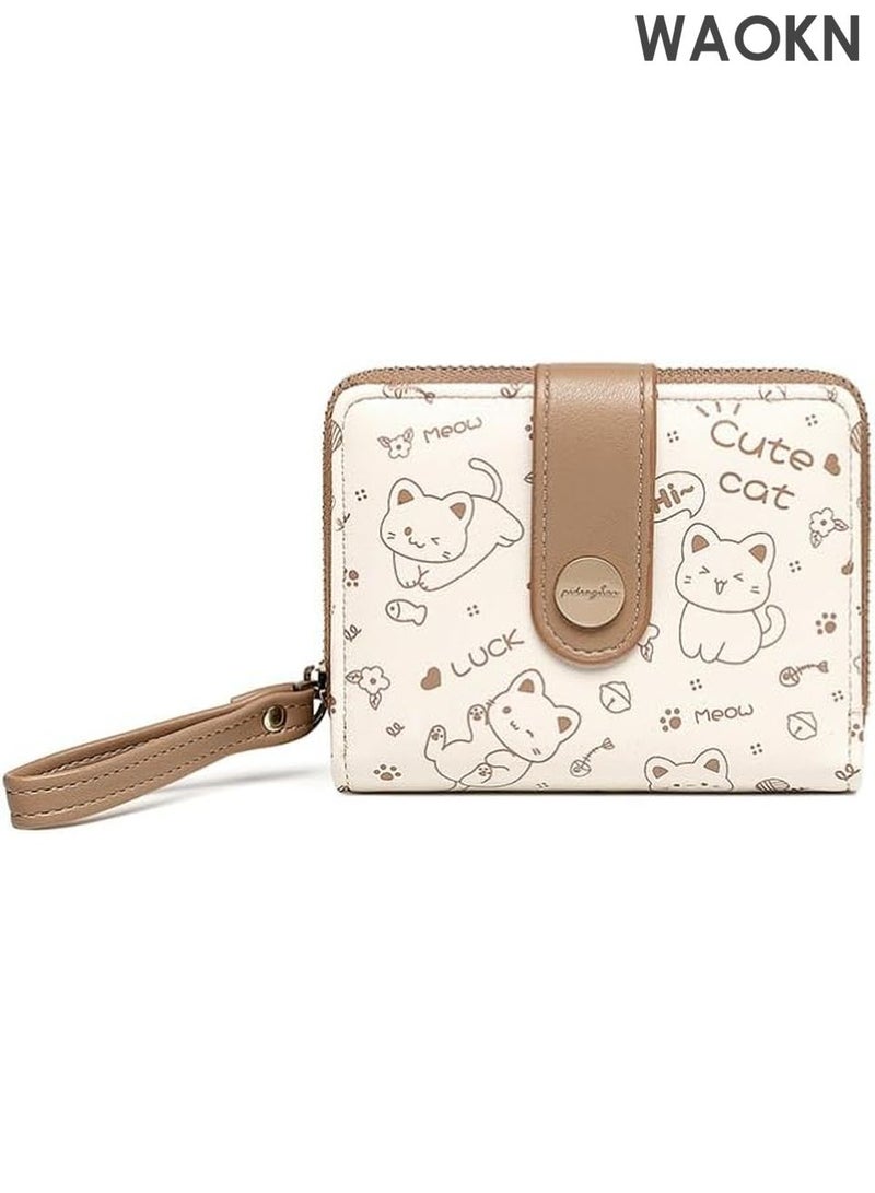دبليو أيه أو كي أن محفظة قطة لطيفة للنساء - حامل بطاقات صغير من جلد البولي يوريثان مع محفظة للعملات المعدنية - محفظة رفيعة مدمجة للفتيات والسيدات - منظم بطاقات الائتمان مانع لتقنية تحديد الهوية بموجات الراديو (لون الشاي الحليبي) - Image 1