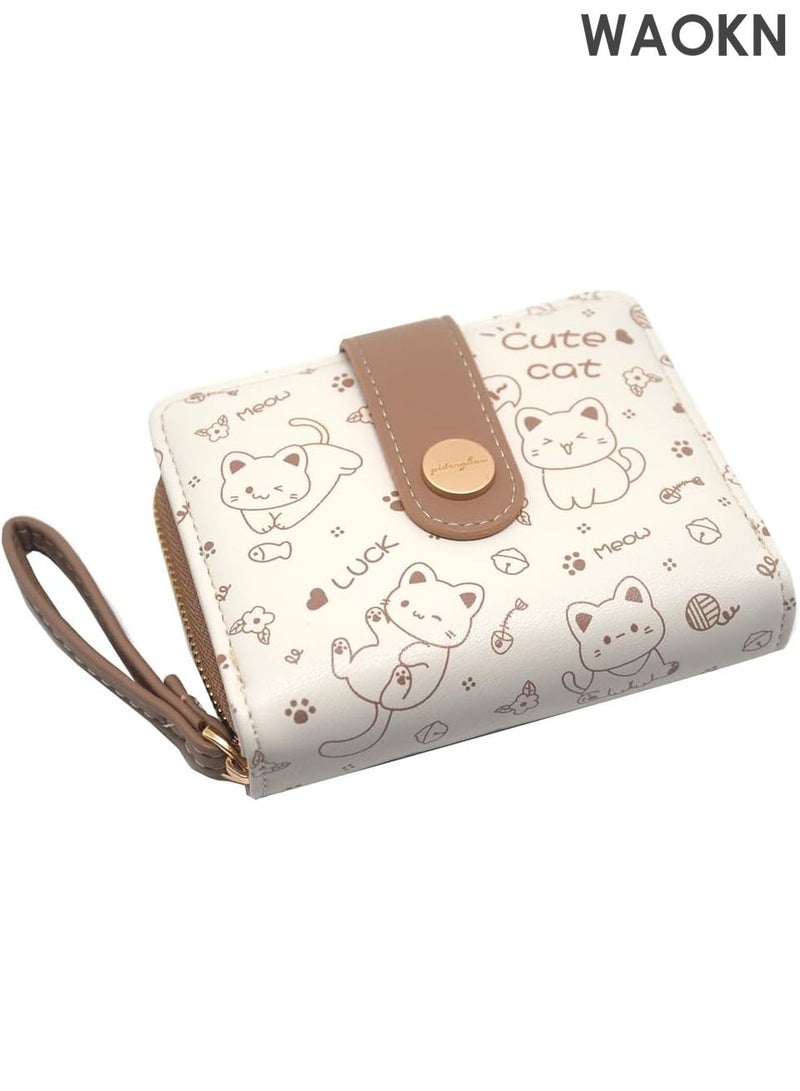 دبليو أيه أو كي أن محفظة قطة لطيفة للنساء - حامل بطاقات صغير من جلد البولي يوريثان مع محفظة للعملات المعدنية - محفظة رفيعة مدمجة للفتيات والسيدات - منظم بطاقات الائتمان مانع لتقنية تحديد الهوية بموجات الراديو (لون الشاي الحليبي) - Image 2