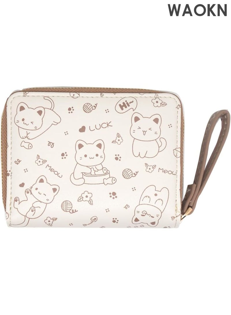 دبليو أيه أو كي أن محفظة قطة لطيفة للنساء - حامل بطاقات صغير من جلد البولي يوريثان مع محفظة للعملات المعدنية - محفظة رفيعة مدمجة للفتيات والسيدات - منظم بطاقات الائتمان مانع لتقنية تحديد الهوية بموجات الراديو (لون الشاي الحليبي) - Image 4