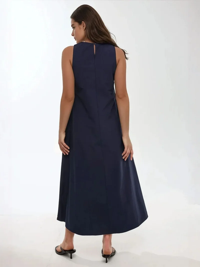 HICCUP Navy Blue Mixray Collection Crew Neck Sleeveless A-Form Maxi Dress for Women | Best Price UAE