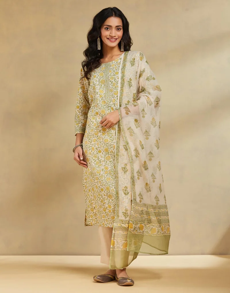فاب انديا Yellow Cotton Printed Kurta 3 Pc Set