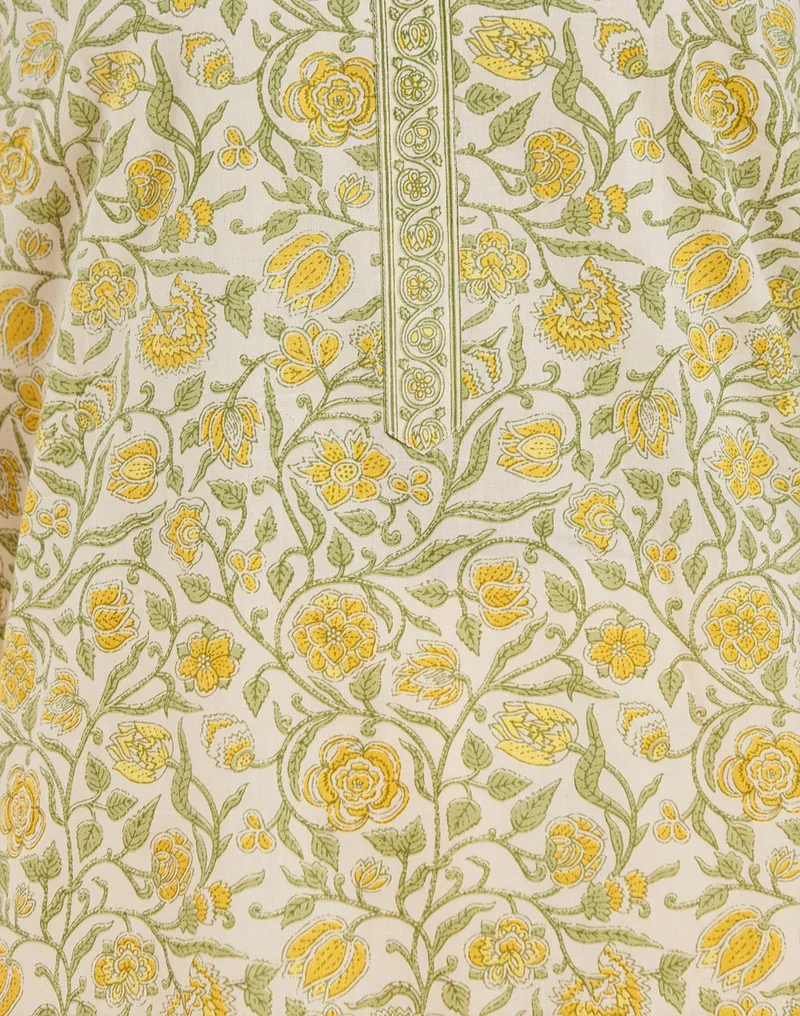 فاب انديا Yellow Cotton Printed Kurta 3 Pc Set