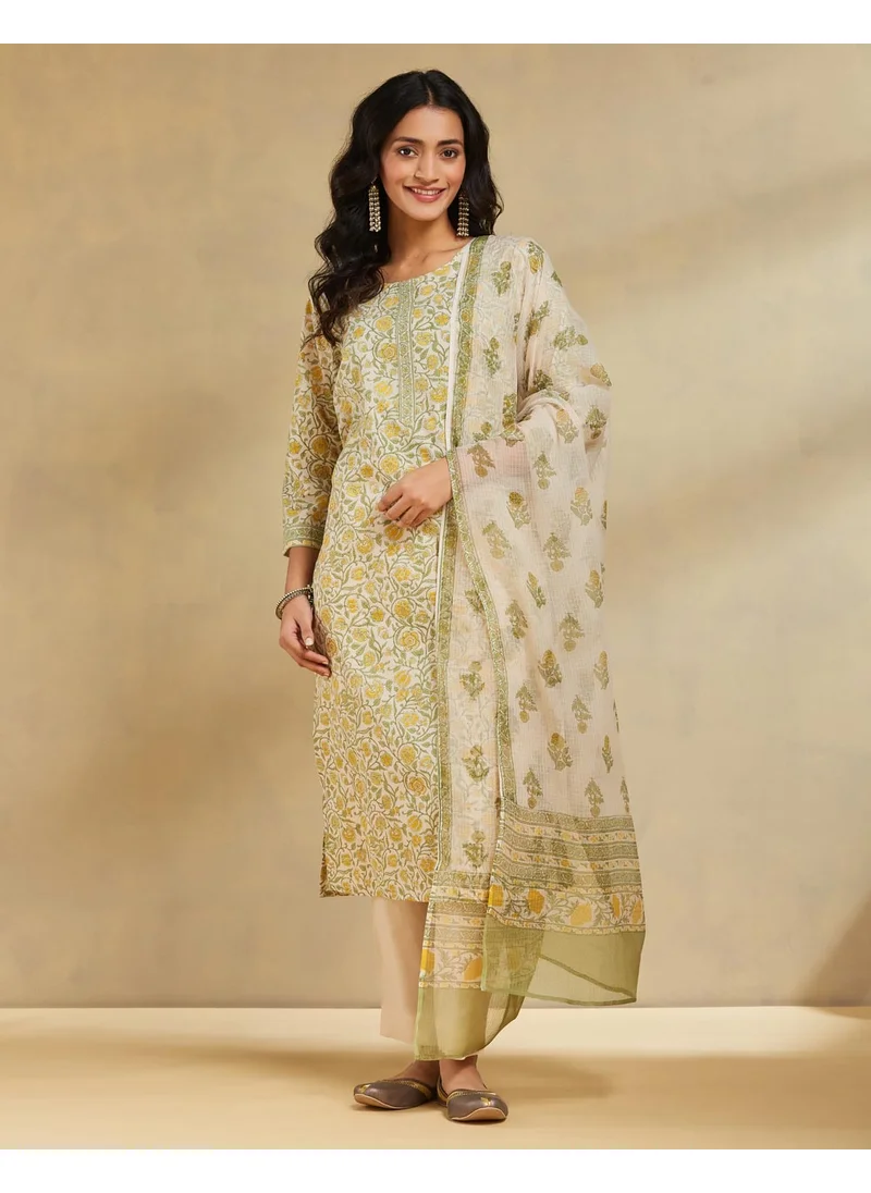 فاب انديا Yellow Cotton Printed Kurta 3 Pc Set