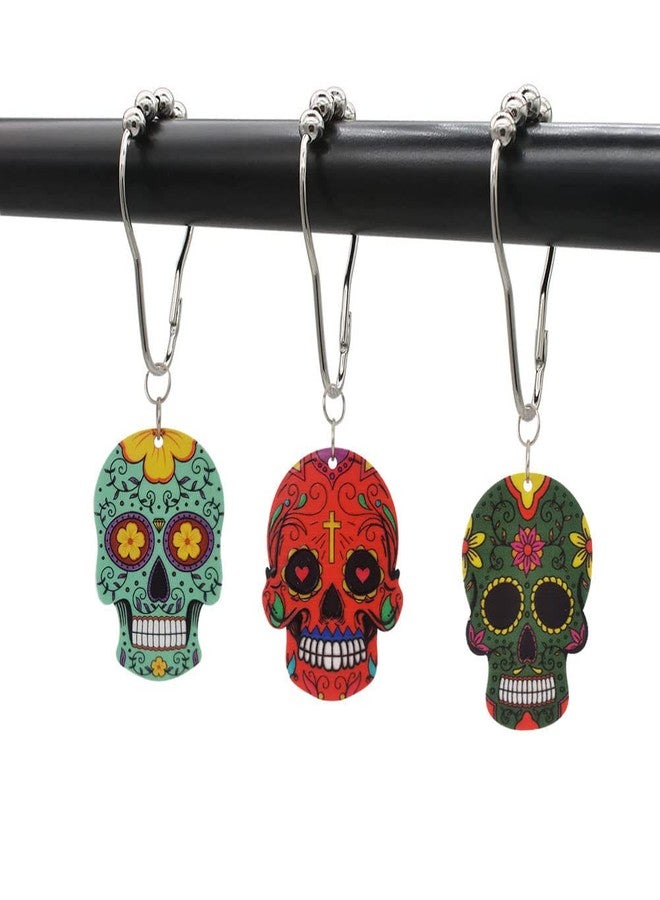 Skull Shower Curtain Hooks for Halloween Bathroom Decor Set - Rustproof Metal Stainless Steel Shower Curtain Rings Set of 12 with Gothic Flower Unique Skull Bathroom Decorative Shower Curtain Rod DIY - Image 1
