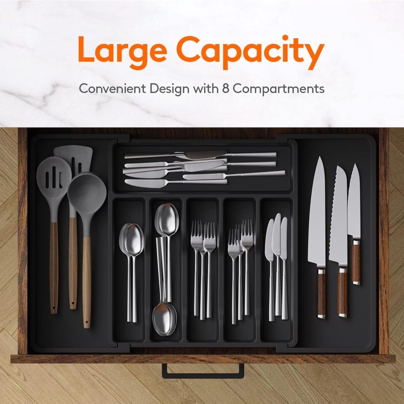Silverware Drawer Organizer, Expandable Utensil Tray for Kitchen, BPA Flatware and Cutlery Holder, Adjustable Plastic Storage for Spoons Forks 2 Pack, Black - Image 2