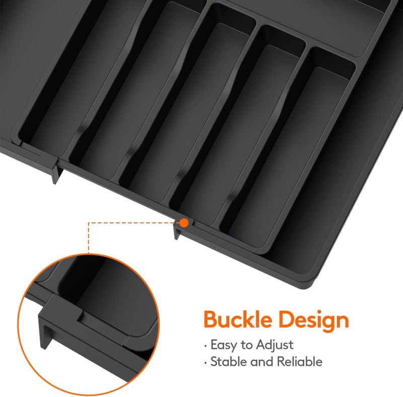 Silverware Drawer Organizer, Expandable Utensil Tray for Kitchen, BPA Flatware and Cutlery Holder, Adjustable Plastic Storage for Spoons Forks 2 Pack, Black - Image 4