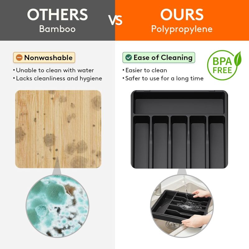Silverware Drawer Organizer, Expandable Utensil Tray for Kitchen, BPA Flatware and Cutlery Holder, Adjustable Plastic Storage for Spoons Forks 2 Pack, Black - Image 5