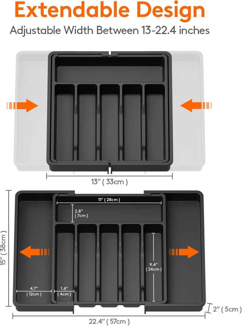Silverware Drawer Organizer, Expandable Utensil Tray for Kitchen, BPA Flatware and Cutlery Holder, Adjustable Plastic Storage for Spoons Forks 2 Pack, Black - Image 3
