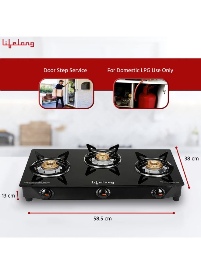Lifelong 3 Burner Gas Stove Top for Kitchen - Manual Ignition Cooktop Modern Glass Stove for Modular Kitchen, ISI Certified & Compatible with LPG - 1 Year Manufacturer's (Black - Image 3